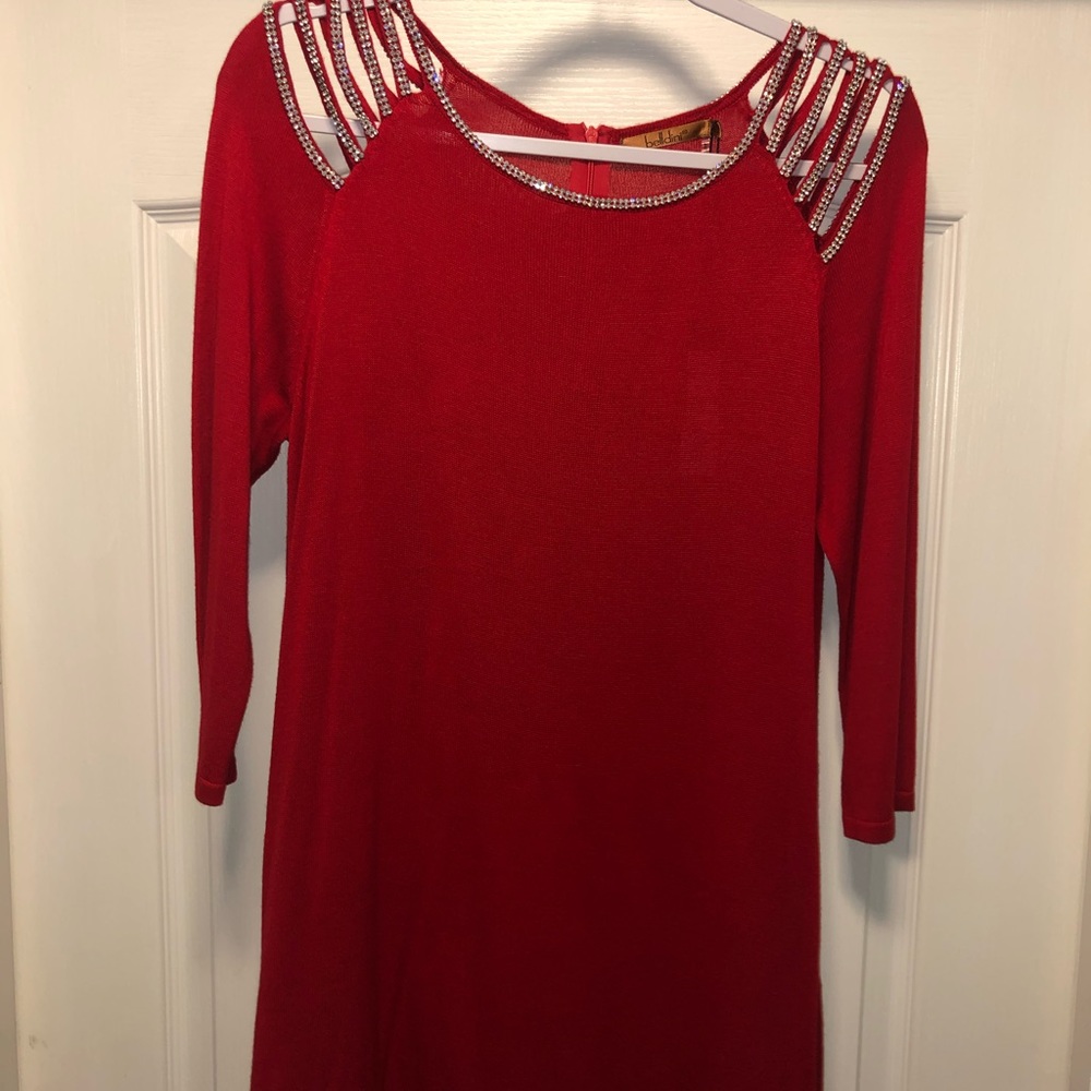 Boutique Red Dress w Rhinestone Cut-Out Shoulder